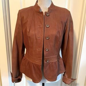 ANA Genuine Leather Peplum Ruffle Jacket in Whiskey Tan